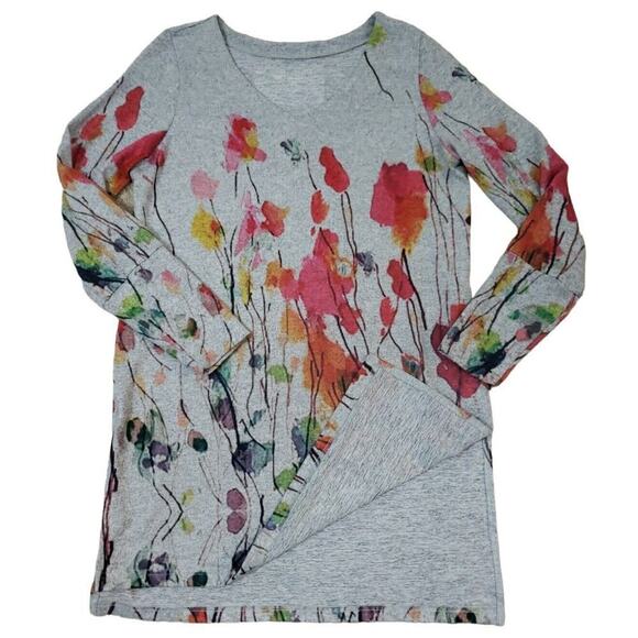 Soft Surroundings ~Woman Size S~ Gray/Orange Floral Long Sleeve Tunic Side Slits - Picture 13 of 16